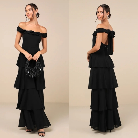 Lulus Delightful Essence Black Off-the-Shoulder Tiered Maxi Dress XL Wedding - Picture 1 of 9